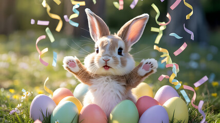 Easter bunny surrounded by colorful eggs and ribbons in a sunny meadow