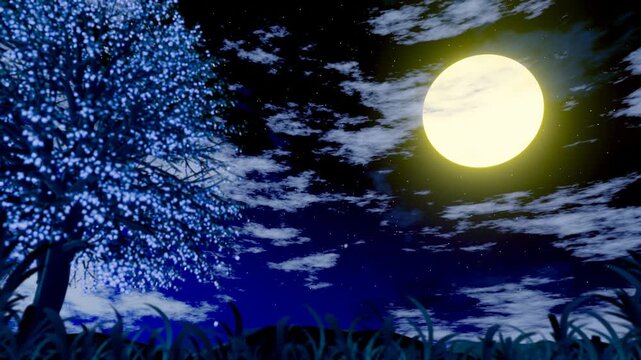 The golden, full moon shone brightly glowing leaves fall by the wind , with many stars in the sky and a few white clouds passing by. Natural scenery, meadows and mountains at night