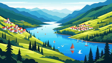 Serene Mountain Lake Village with Sailing Boats and Lush Green Hills