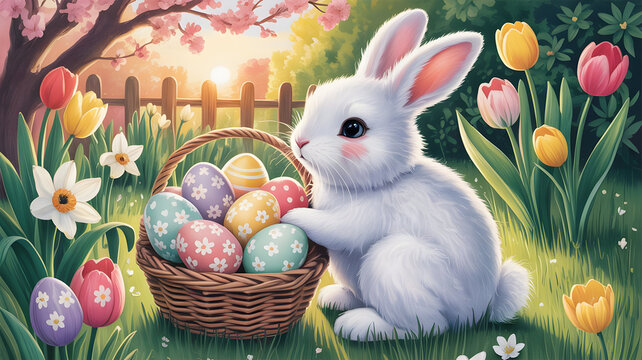 Easter bunny in a spring garden with tulips and eggs