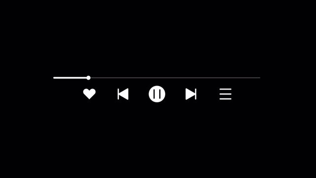 Modern music player overlay with progress bar, heart icon, pause, skip buttons, and menu on transparent background. 4K video