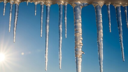 Icicles Hanging from a Branch Against a Blue Sky.
