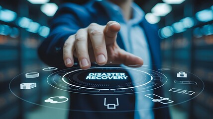 Business disaster recovery solution showing digital data protection interface for secure cloud backup cyber security and continuity management