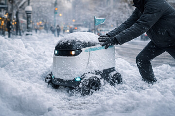 A man tries to help a delivery robot drive through a snowy blockade.