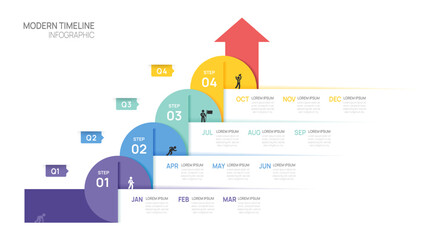 Business step timeline infographic arrow template. Modern milestone element timeline diagram calendar and 4 quarter topics, vector infographics.