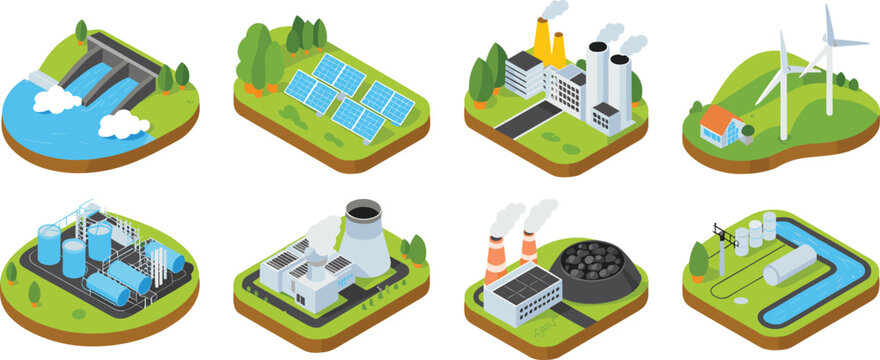 Isometric energy production illustration set showing renewable and industrial power sources, solar, wind, hydro, thermal plants, electricity infrastructure concepts