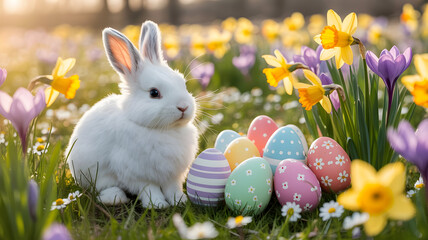 Easter bunny sitting with colorful eggs in spring floral field