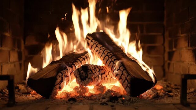 Burning Logs in a Fireplace - A close-up shot of burning logs in a brick fireplace with bright, flickering flames. The logs are stacked and glowing with heat, creating a warm and inviting atmosphere.