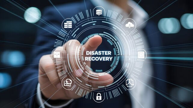 Disaster recovery and data protection concept with businessman using digital interface for secure backup system and business continuity planning