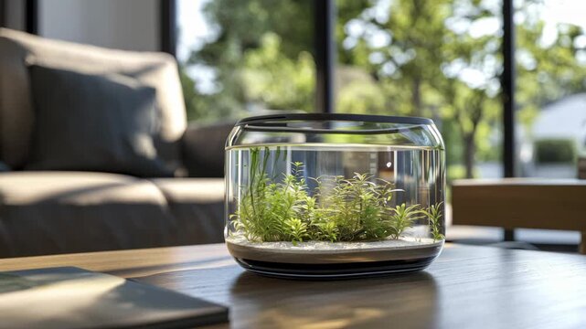 Modern desk aquascape with plants in glass vessel on coffee table  