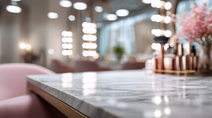 Modern salon interior with marble table, soft lighting, and beauty products displayed on a clear day