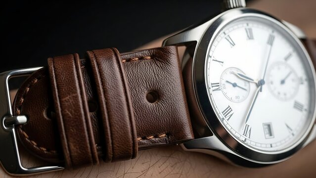 Luxury Watch with Leather Strap Closeup.