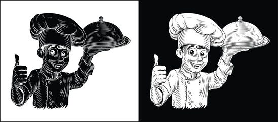 Black and white vintage woodcut style illustration of cheerful chef presenting a cloche platter tray plate. For restaurant branding, menu design, or culinary themed packaging.