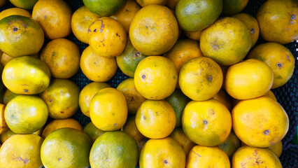 Fresh oranges on the supermarket sales display shelves.