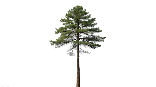 A single green evergreen pine tree with natural foliage and branches is isolated on a white background to represent a 3d summer forest plant