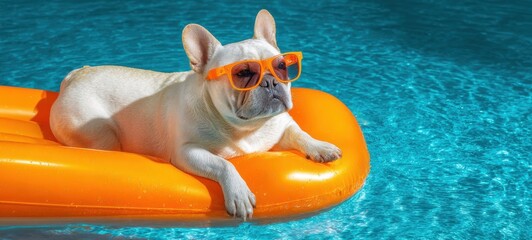 The French Bulldog Lounging on an Orange Inflatable Float in a Pool