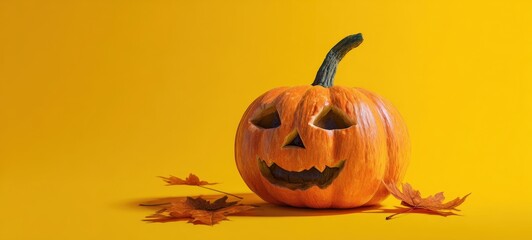 The Pumpkin Jackolantern Smiling on a Bright Yellow Background with Fallen Maple Leaves