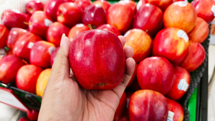 Fresh red apple in hand against a background of a pile of apples