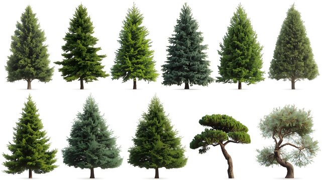 Set of isolated evergreen fir and pine trees in a snowy winter forest landscape with green spruce branches for Christmas holiday nature vector illustrations