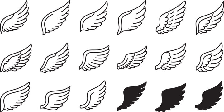 Doodle outline sketch angel wings. Angel feather wing, silhouette. Linear fly winged angels, flying heaven hand drawn doodle vector icons