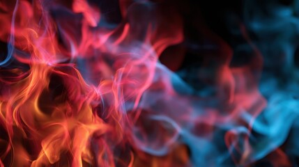 Fototapeta premium Bright colors swirl together in a vibrant mix of red, orange, and blue reminiscent of fire and smoke in a dark setting