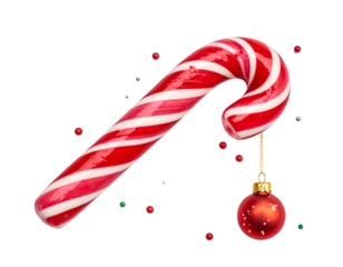 Red and white striped candy cane with small red bauble ornament