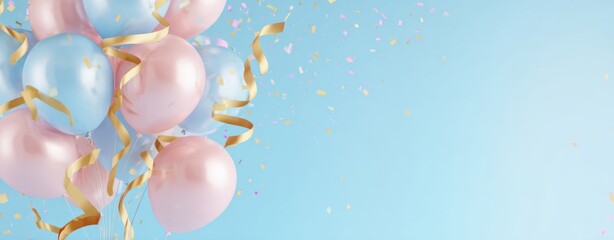 The Balloons with Gold Ribbons and Confetti on Pastel Blue Celebration Background