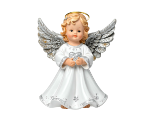 A blond, angelic figurine in a white dress with silver accents