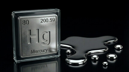 Mercury periodic table tile featuring realistic liquid fluid texture. Shows atomic number, mass, and name. Science chemistry concept.
