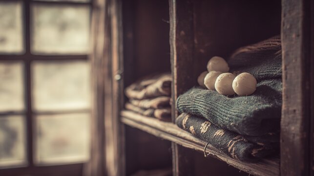 camphor. White camphor balls placed inside an antique wooden wardrobe with folded clothing. menu design, packaging mockups, designed for food delivery and cloud-kitchen brand materials.