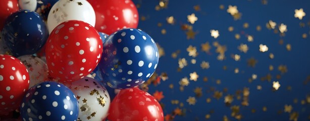 The Balloons with Polka Dots and Gold Star Confetti on Blue Background