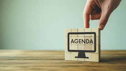 Agenda management concept showing businessman highlighting meeting schedule on wooden block, emphasizing productivity, coordination, planning efficiency and organizational clarity goals today