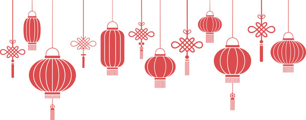 Red Chinese lantern illustration with traditional knots hanging decoration, Lunar New Year festival design, minimal vector style, cultural celebration background © Mst Nurnehar Begum