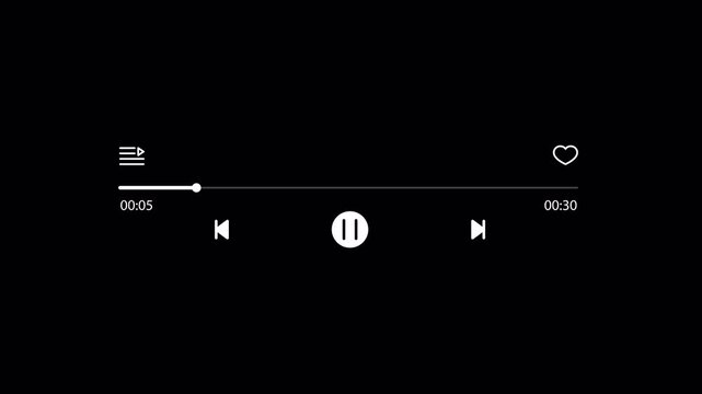 Modern music player UI overlay with progress bar, playlist and heart icons, skip and pause buttons on transparent background. 4K video