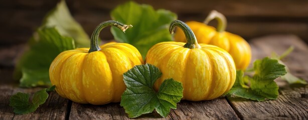 The Pumpkins on a Rustic Wooden Table with Autumn Leaves and Soft Warm Light