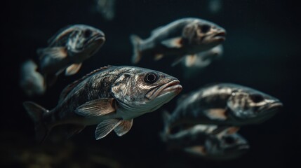 Naklejka premium Fish swimming in a dark underwater environment with others nearby in a school during the daytime