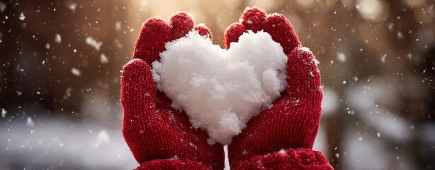 The Heart-Shaped Snow Held by Red Mittens Amid Gentle Falling Snowflakes