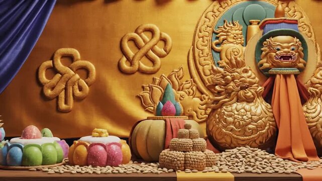 Losar Celebration Banner With Ornate Tibetan Patterns, Barley Offerings, and Torma Sweets