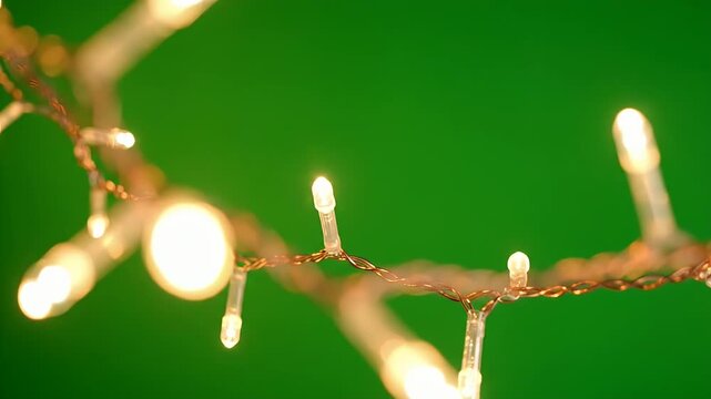 Christmas Lights on Green Screen - A close-up view of a string of warm, glowing Christmas lights. The lights are on a copper-colored wire against a vibrant green background, offering a festive or