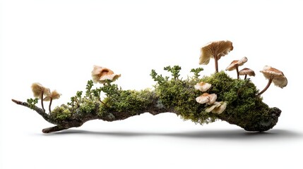 Fototapeta premium Mushrooms and moss grow on a branch at a forest floor during daylight hours in a natural setting