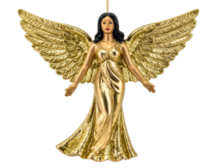 Gilded angel with outstretched arms, detailed wings, elegant gown