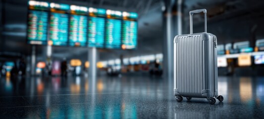 The silver suitcase stands alone on glossy airport terminal floor with departure screens