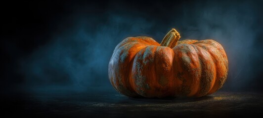 The Pumpkin Centerpiece Bathed in Moody Light on a Smoky Dark Rustic Surface