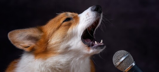 The Corgi Singing Into a Microphone in a Dark Studio Portrait