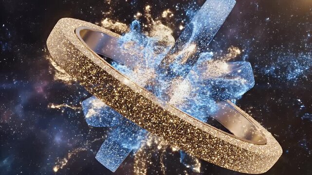 Cosmic Ring Structure in Space - A ring-shaped structure composed of sparkling gold and blue particles intersects with other geometric bars amidst a cosmic backdrop of nebulous star clusters.