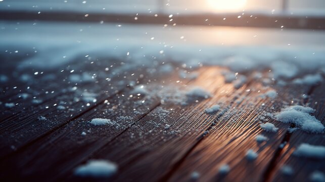 unanimity. Winter wooden surface with gentle snowfall, cold seasonal atmosphere. travel magazines, destination branding, designed for outdoor magazines and nature guides, inspires travel planning.