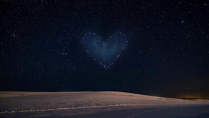 Starry heart formation over snowy landscape
