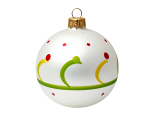 Matte white bauble with colorful dots and curved green lines