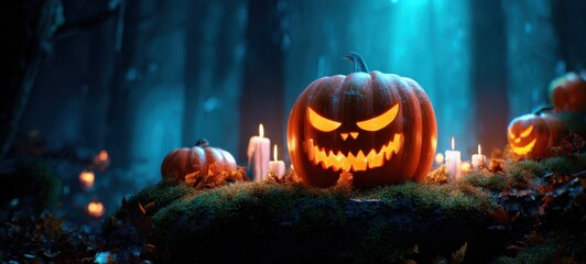 The Pumpkin Jack-O'-Lantern Glows Menacingly Among Candles on a Mossy Forest Floor