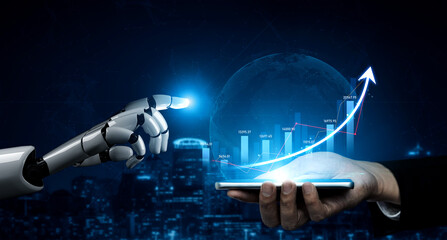 Visual representation of a robotic hand interacting with a smartphone, showcasing data analytics and growth trends in a futuristic urban setting. Scalp